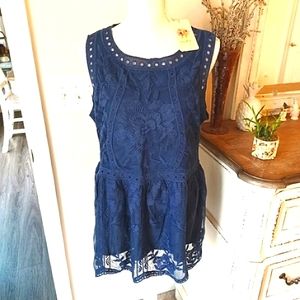 Entro Navy Sleeveless Lace Blouse Size M